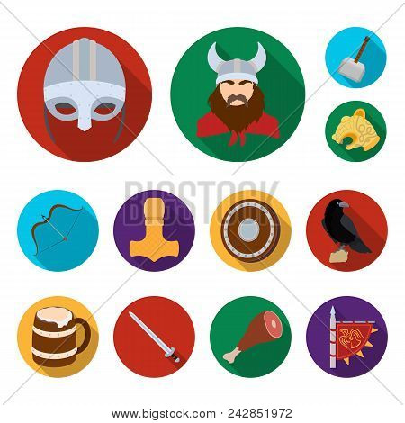 Vikings And Attributes Flat Icons In Set Collection For Design.old Norse Warrior Vector Symbol Stock