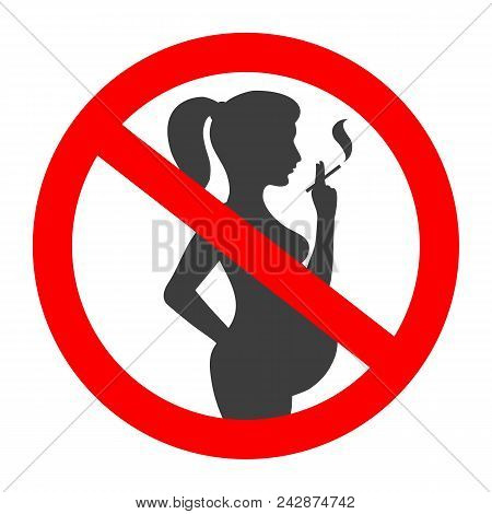 Pregnant No Smoking Sign. Pregnant Woman Black Silhouette With Cigarette Vector Warning Symbol, Smok