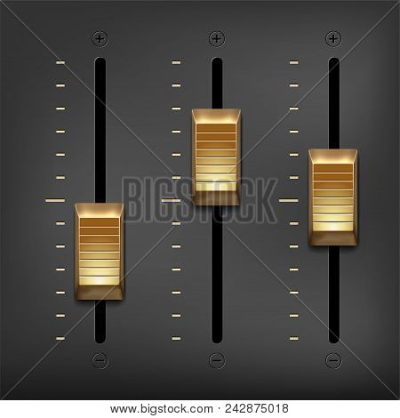 Abstract Music Equalizer - Golden Metal Sliders On Gray Background. Vector Illustration.