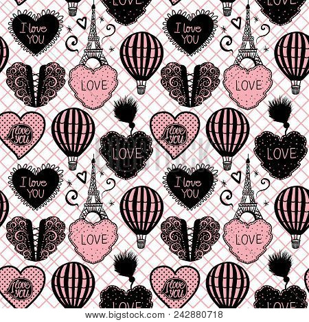 Vector Seamless Pattern Hot Air Balloon And Paris Eiffel Tower On Pink Fishnet Tights