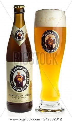 Groningen, Netherlands - February 06, 2018: Bottle And Glass Of German Franziskaner Wheat Beer Isola