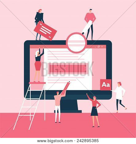 Drafting A Document - Flat Design Style Illustration. Metaphorical Image Of A Monoblock Screen And C