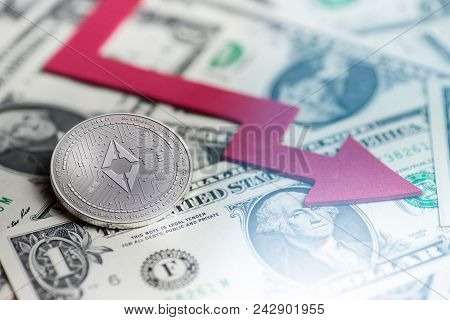Shiny Silver Brisk Pass Cryptocurrency Coin With Negative Chart Crash Baisse Falling Lost Deficit 3d