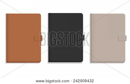 Set Of Diary Or Notebook In Hard Leather Cover, Black And Brown And Champagne Color - Vector