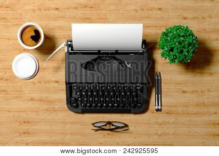 3d typerwriter on wooden background