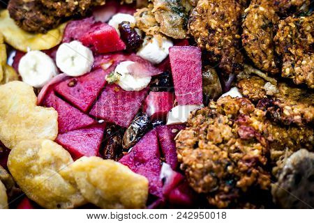 Snacks And Fruits With Black And Common Dates With Drinks And Halwa Grass Or China Grass Time For If