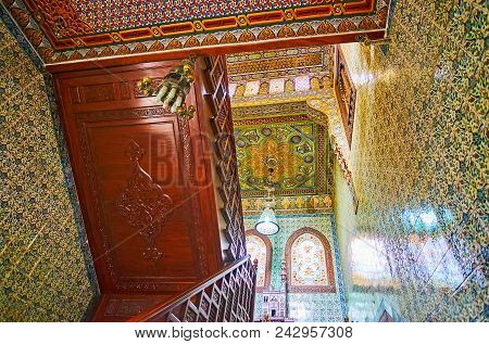 Cairo, Egypt - December 24, 2017: The Fine Tilework In Hall Of Reception Palace Of Manial Complex Wi