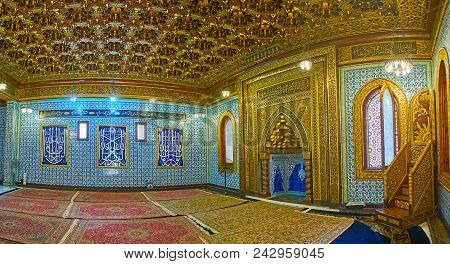 Cairo, Egypt - December 24, 2017: Panorama Of Interior Of Manial Palace Mosque With Carved Wooden, P