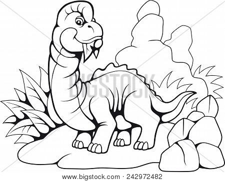 Cartoon Cute Prehistoric Brachiosaurus, Funny Illustration Coloring Book