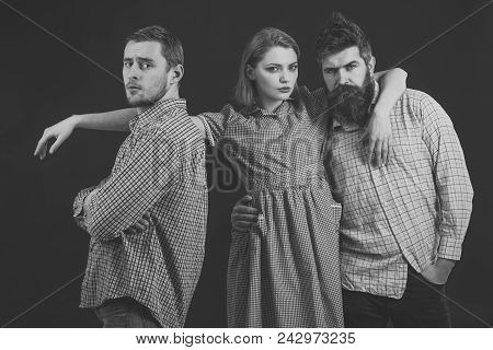 Love Triangle Concept. Men, Woman On Pensive Faces, Black Background. Men In Checkered Clothes, Retr