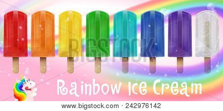 Collection Of Vector Realistic Colorful Rainbow Fruit Ice Cream And Cute Unicorn. Stock Illustration