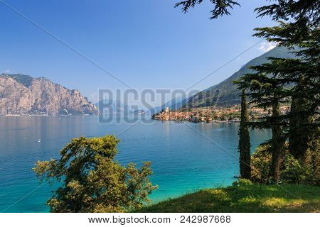 Scenic View Of The Italian Town Of Malcesine At The Western Shore Of Lake Garda