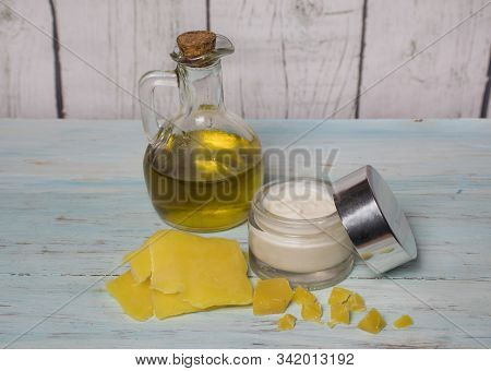 Homemade Olive Oil Face Cream, In Glass Jar. Medicine And Alternative Health