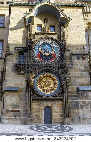 Prague, Czech Republic - September 12, 2019: Beautiful Big Vintage Clock With Arrows And Decorations