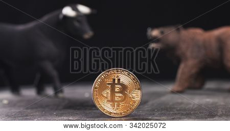 Bitcoin Market Price Bearish Or Bullish Trend With Bull And Bear Figures In Background