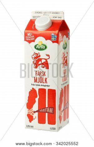 Stockholm, Sweden - December 27, 2019: A Package With A Liter Of Milk With 3 Percent Fat Produced By