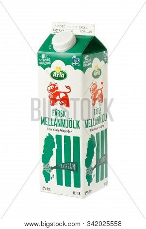 Stockholm, Sweden - December 27, 2019: A Package With A Liter Of Milk With 1.5  Percent Fat Produced