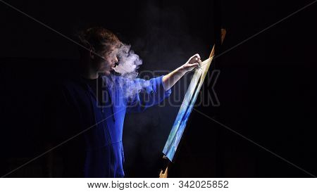 Artist Copyist Paint Seascape With Ship In Ocean. Vaper Smoke Vape E-cigarette. Craftsman Decorator 