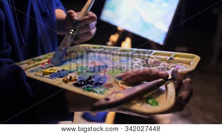 Artist Copyist Paint Seascape With Ship In Ocean. Craftsman Decorator Draw As Boat Sail On Blue Sea 