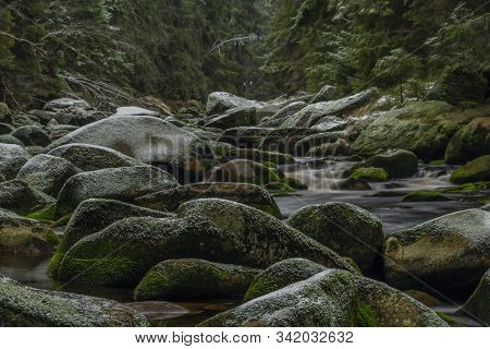 Vydra River In Winter Cold Day In National Park Sumava