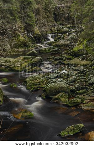 Vydra River In Winter Cold Day In National Park Sumava