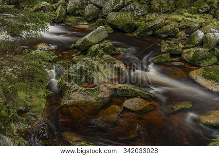 Vydra River In Winter Cold Day In National Park Sumava