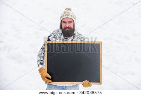 Feel Cold. Winter Season. Christmas Sales. Ski And Sledge. Bearded Man In Warm Clothes. Happy New Ye