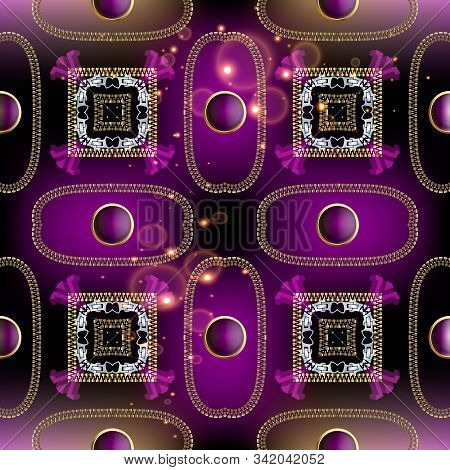 Modern Abstract Zippers Vector Seamless Pattern. Glowing Ornamental Violet Background. Shiny Repeat 