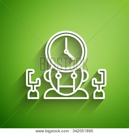 White Line Robot And Digital Time Manager Icon Isolated On Green Background. Time Management Assista