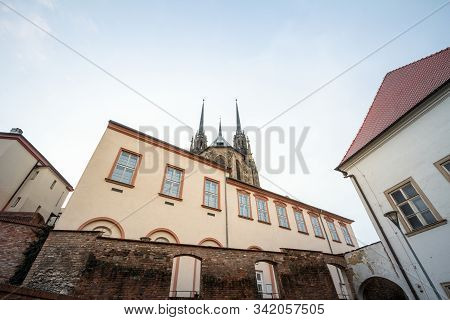 Brno Cathedral Of Saints Peter And Paul, Seen From The Bottow Of Petro Hill, At Dusk. Also Called Ka