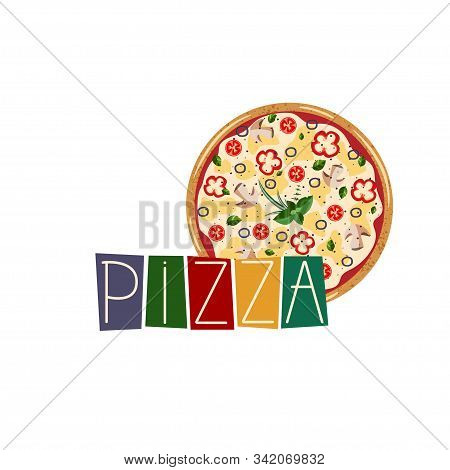 Banner For Pizza Box. Background With Whole Vegetarian Pizza. Vector Illustration Isolated On White
