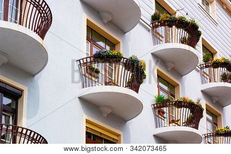 Balcony With Flower Pots In House Building Celje Slovenia Reflex