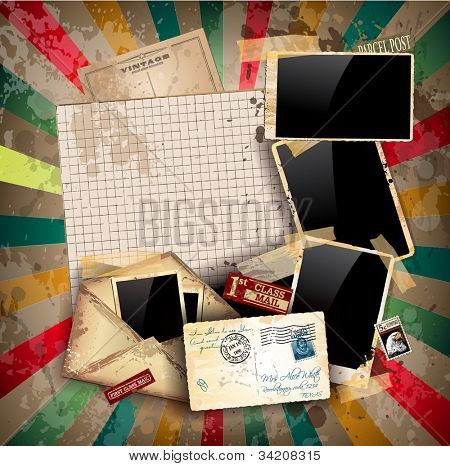 Vintage scrapbook samenstelling met oude stijl verdrietig verzendkosten ontwerp elementen en antieke foto fr