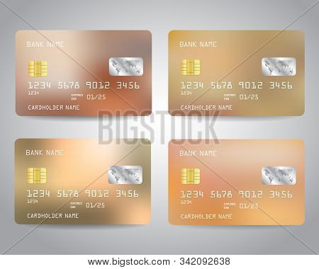 Realistic Detailed Credit Cards Set With Bronze Gold Abstract Metallic Foil Gradinet Design