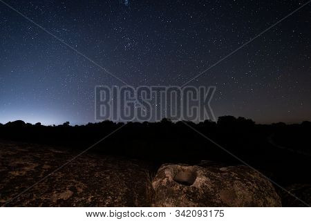 Night Landscape With Ancient Grave In The Barruecos Natural Area. Spain.
