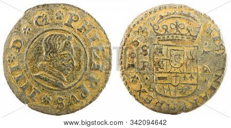 Ancient Spanish Copper Coin Of King Felipe Iv. 1663. Coined In Sevilla. 16 Maravedis.