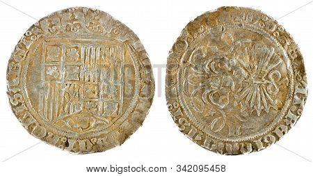 Ancient Spanish Silver Coin Of The Kings Fernando E Isabel. Catholic Kings. Coined In Burgos. Real.