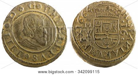 Ancient Spanish Copper Coin Of King Felipe Iv. 1664. Coined In Madrid. 16 Maravedis.
