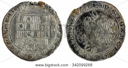 Ancient Spanish Silver Coin Of The Kings Fernando E Isabel. Catholic Kings. Coined In Burgos. Real.