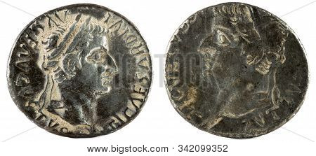 Ancient Roman Silver Denarius Coin Of Emperor Tiberius. Reverse Incuse Of Obverse.