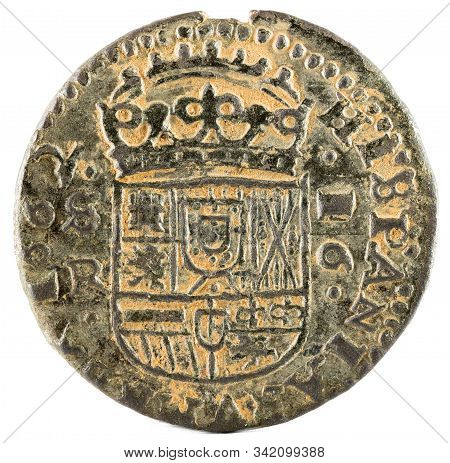 Ancient Spanish Copper Coin Of King Felipe Iv. 1662. Coined In Sevilla. 16 Maravedis. Reverse.