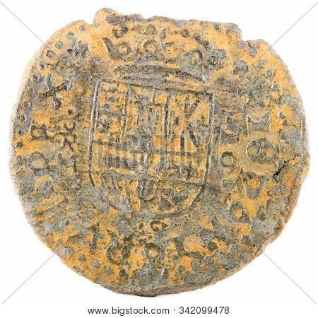 Ancient Spanish Copper Coin Of King Felipe Iv. 1663. Coined In Trujillo. 16 Maravedis. Reverse.