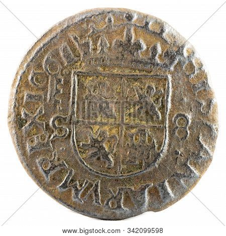 Ancient Spanish Copper Coin Of King Felipe Iv. 1661. Coined In Segovia. 8 Maravedis. Reverse.