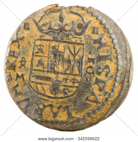 Ancient Spanish Copper Coin Of King Felipe Iv. 1664. Coined In Trujillo. 16 Maravedis. Reverse.