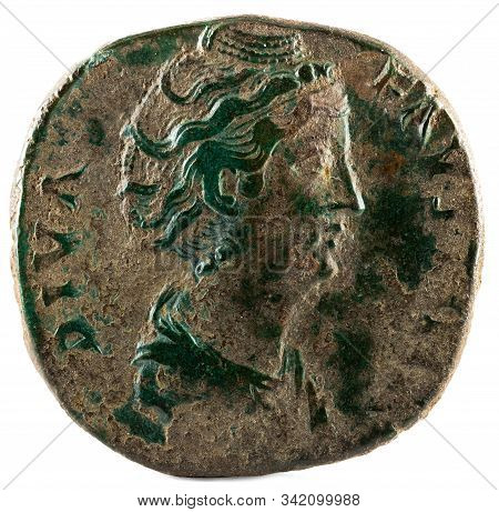 Ancient Roman Bronze Sestertius Coin Of Emperor Faustina I. Obverse.