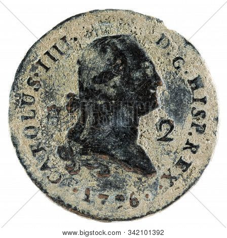 Ancient Spanish Copper Coin Of The King Carlos Iv. 1796. Coined In Segovia. 2 Maravedis. Obverse.