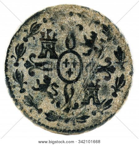 Ancient Spanish Copper Coin Of The King Carlos Iii. 1777. Coined In Segovia. 2 Maravedis. Reverse.