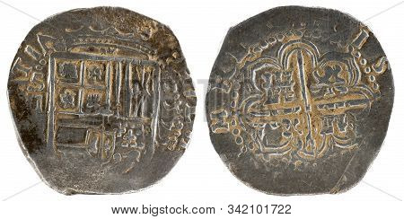 Ancient Spanish Silver Coin Of The King Felipe Ii. 1593. Coined In Sevilla. 2 Reales.
