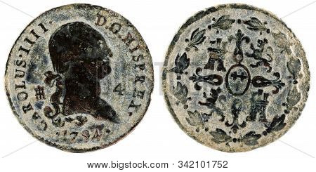 Ancient Spanish Copper Coin Of The King Carlos Iv. 1794. Coined In Segovia. 4 Maravedis.