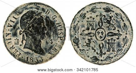 Ancient Spanish Copper Coin Of The King Fernando Vii. 1833. Coined In Segovia. 4 Maravedis.
